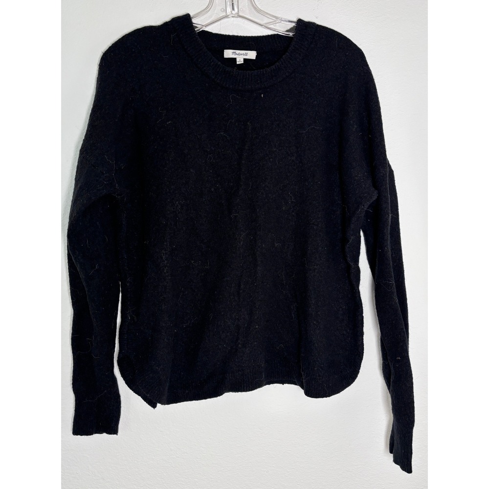 Madewell Womens Black Crewneck Sweater Size Medium Curved Hem Long Sleeve Knit